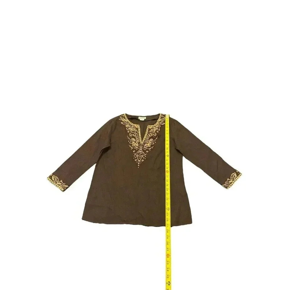 Michael Kors Large Tunic Top Blouse Brown Linen Wooden Beaded Embroidered Size M - Picture 4 of 8